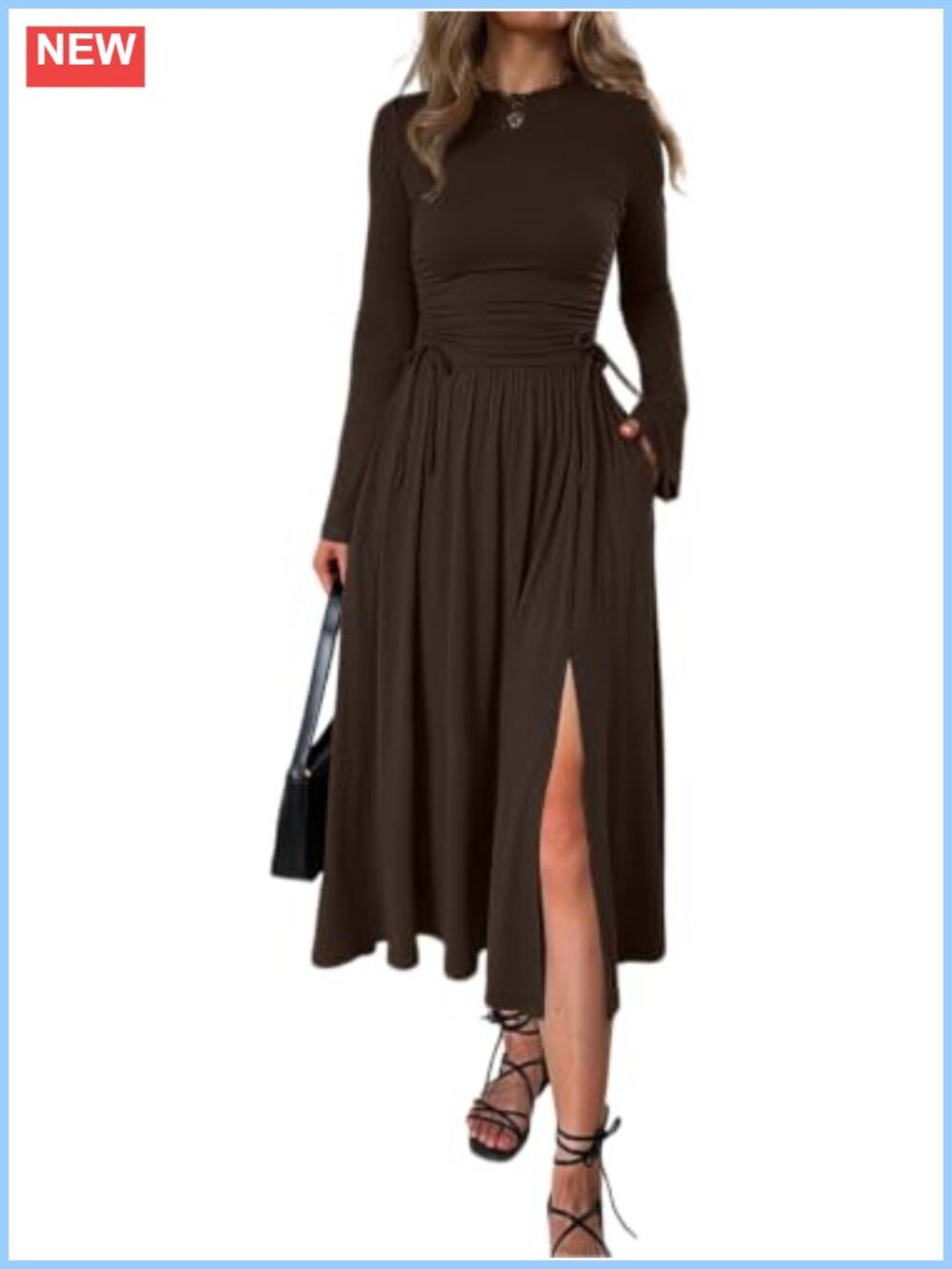 Women's Long Sleeve Ruched Midi Dress A-Line with Pockets